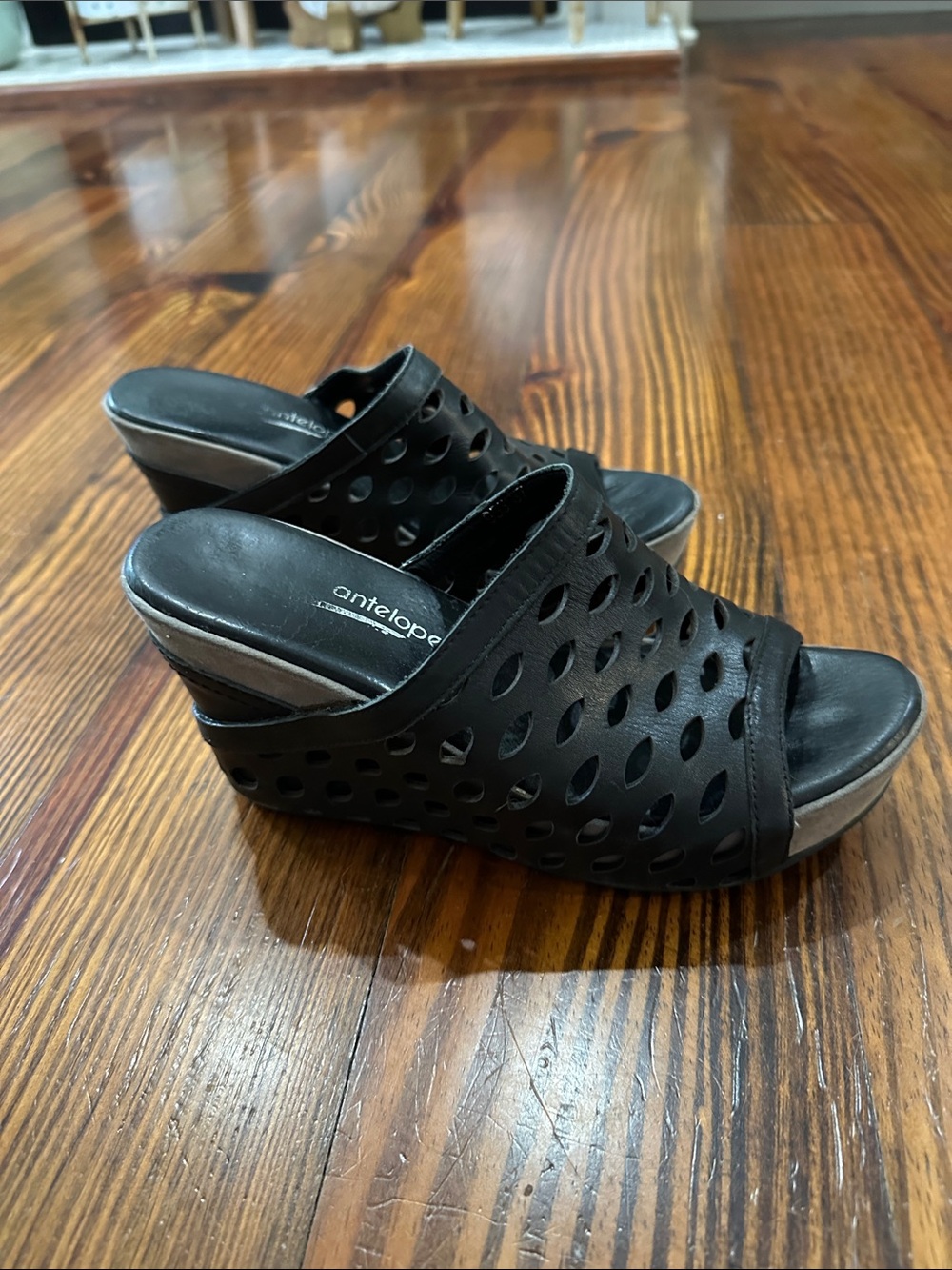 Antelope Black Perforated Wedge Slide Mules